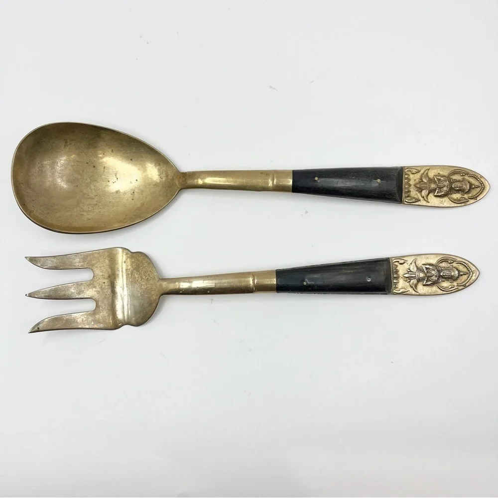 Brass Bronze Wood Handle Salad Serving Spoon & Fork Flatware Thailand Siam
